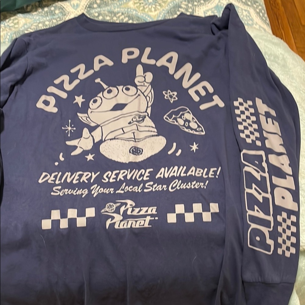 Disney Blue Long Sleeve Tee with Retro Pizza Planet Design
